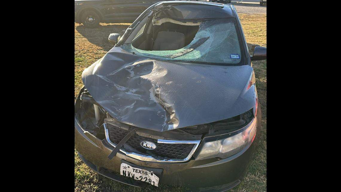 A pedestrian who was hit by this car Saturday night, Dec. 16, 2023, in Dallas crashed through the windshield and ended up dead in the passenger seat as the driver continued for over 30 miles before stopping in a Jack in the Box parking lot in White Settlement, police said.