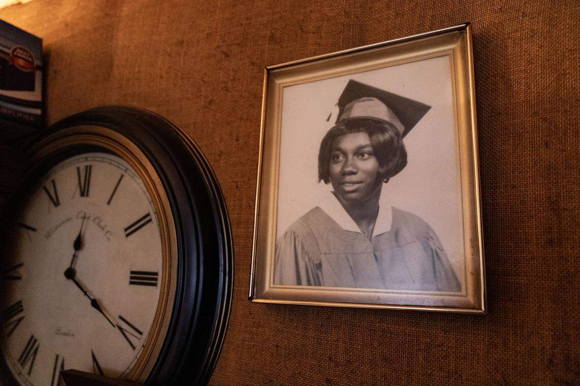 A photo of Scotti’s mother, Gloria Choice, is framed on the wall of his house in Fort Worth on Nov. 8, 2025. Gloria was found beaten to death in a vacant apartment at 5816 Boca Raton Blvd. on Dec. 9, 2005. A suspect was arrested in 2012, but police released him a short time later for lack of evidence.
