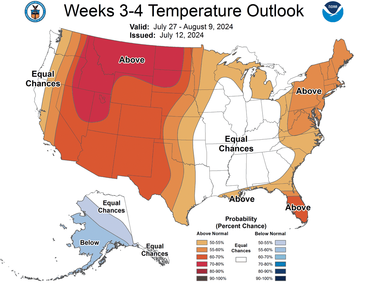 The 3-4 week temperature outlook from the Climate Prediction Center.