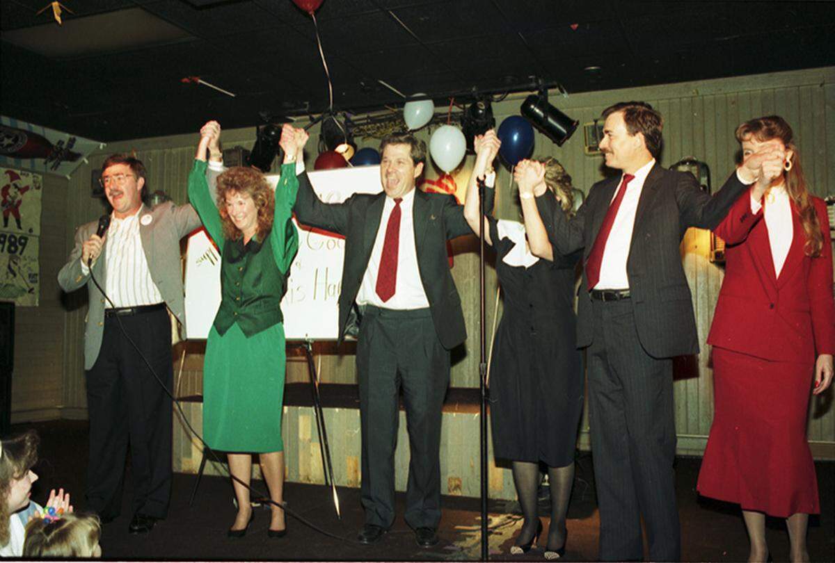 March 14, 1990: Celebrating political victories are Toby and Gloria Goodman, Chris and Tammy Harris, and Kent and Barbara Grusendorf.