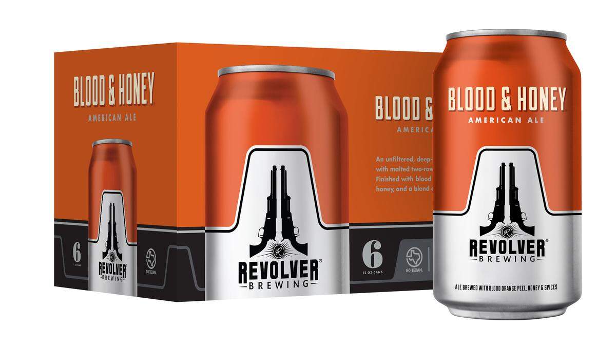 Revolver Brewing's popular Blood & Honey American Ale is one of four beers that the Granbury-based brewery will start selling in cans.