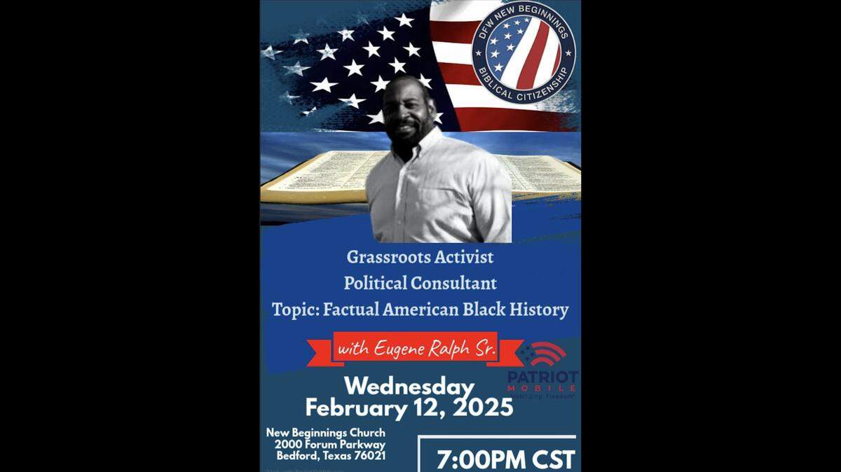 A flyer promoting Eugene Ralph’s Feb. 2025 appearance at New Beginnings Church in Bedford.