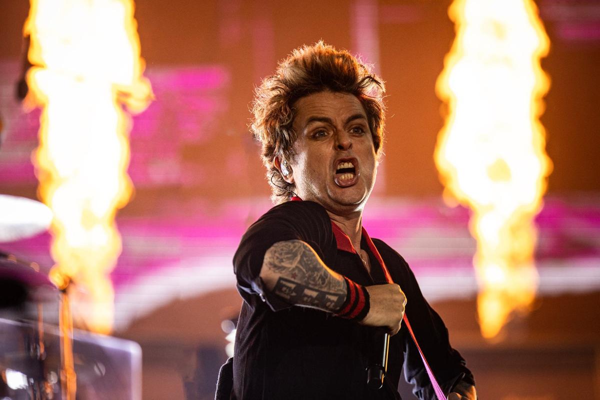 Green Day lead singer Billie Joe Armstrong performs with his band members on stage for “The Saviors Tour” at Globe Life Field in Arlington on Wednesday, Sept. 11, 2024.