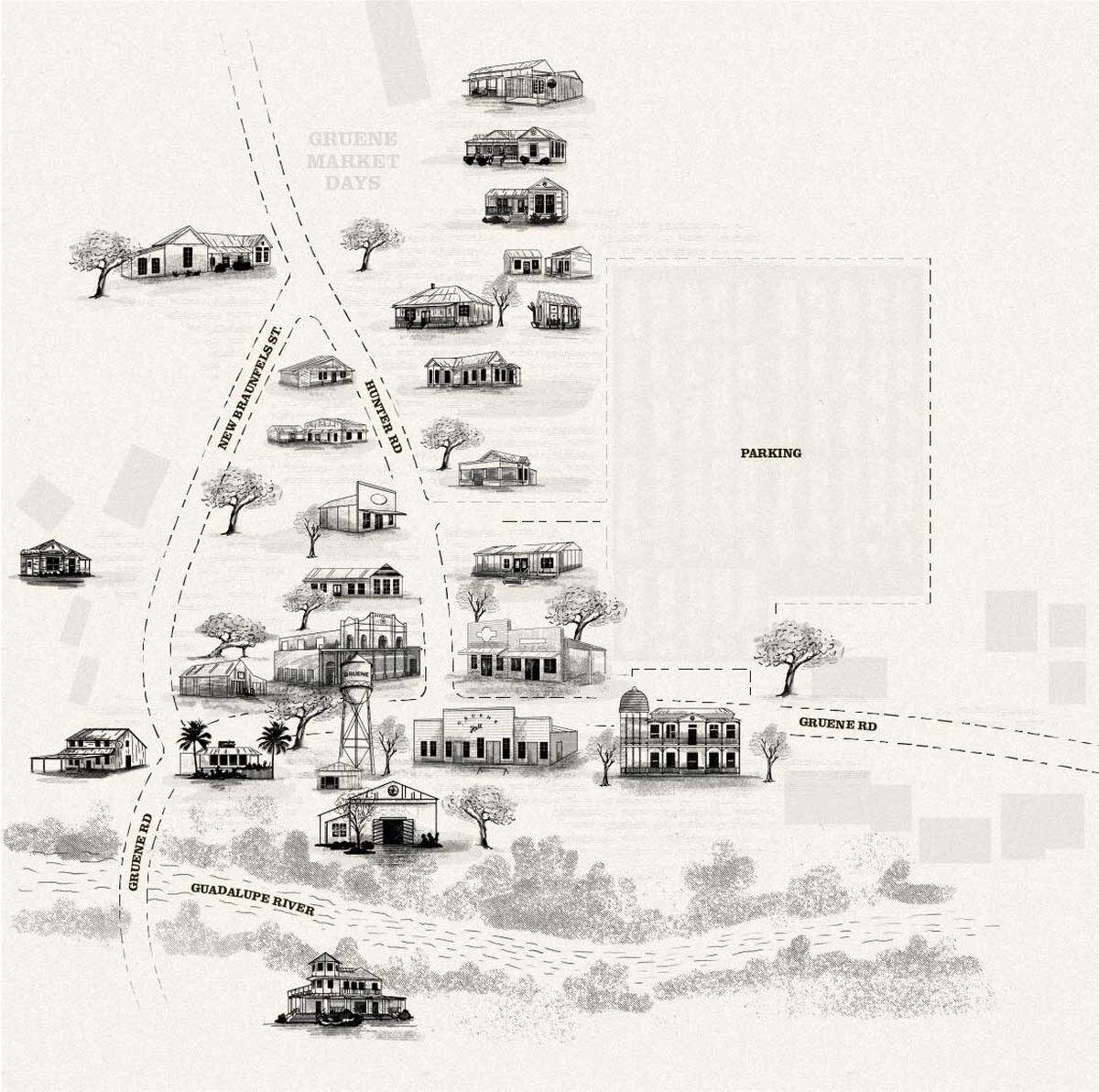 A map of the city of Gruene.
