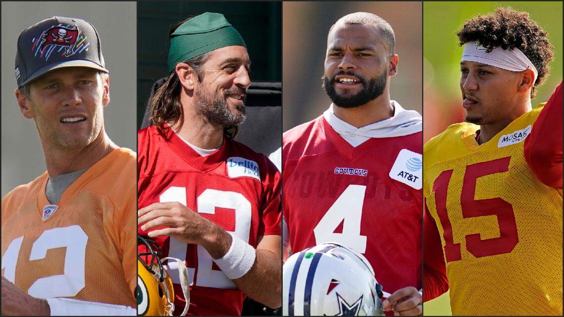 Dallas Cowboys quarterback Dak Prescott, third from left, might not have the postseason success as Tom Brady, left, Aaron Rodgers, and Patrick Mahomes, right, but he ranks among them when it comes to salary, ratings, statistics, and social media popularity.