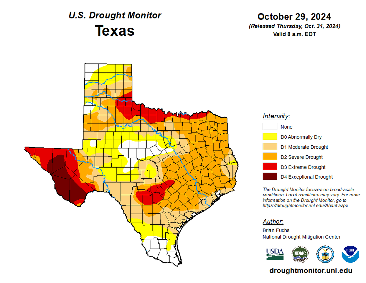 The current drought outlook for Texas as of October 2024.