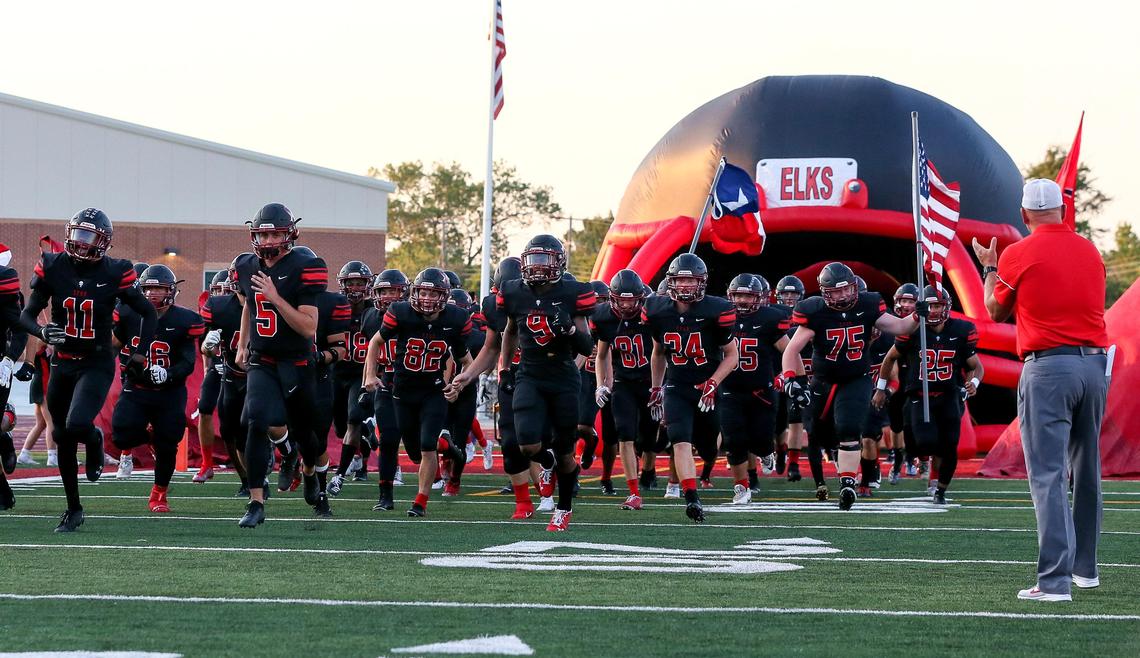 The Burleson Elks enter the field to face the Denton Braswell Bengals, Friday night, September 6, 2019 played at Burleson ISD Stadium in Burleson, TX.