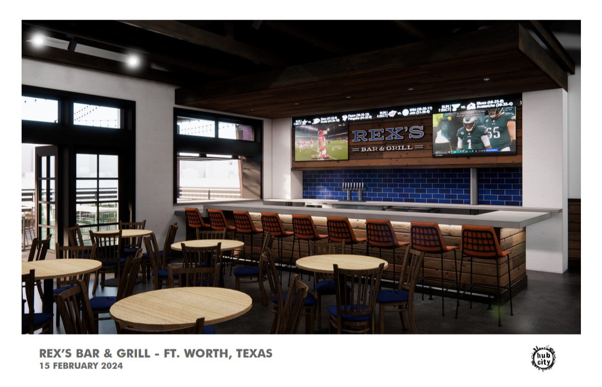 Rex’s Bar & Grill will have televisions all over the building when it opens in late summer or early fall in Fort Worth.