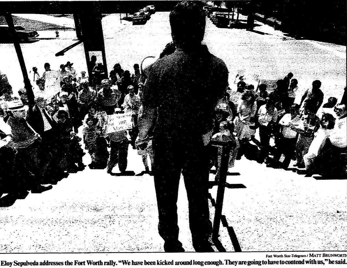 This April 1990 photo from the Fort Worth Star-Telegram shows Eloy Sepulveda speaking out against a crime bill on the Tarrant County Courthouse steps.