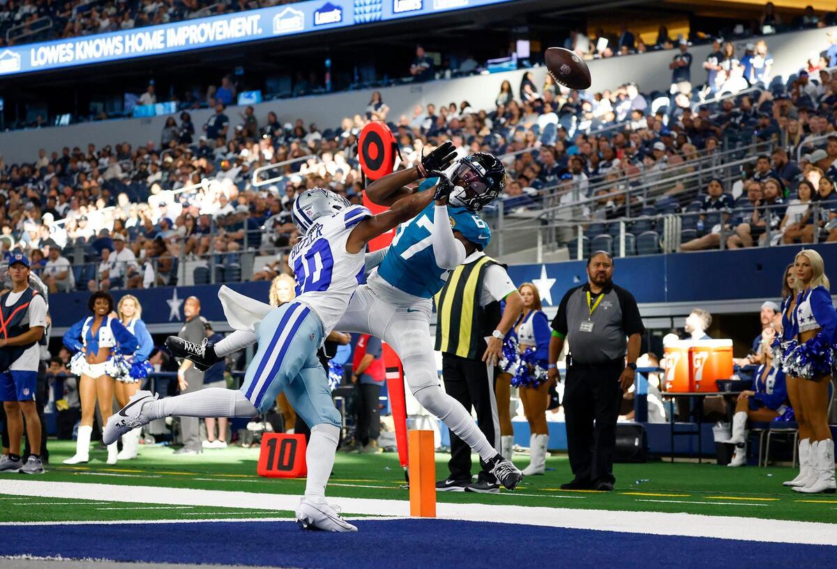 Dallas Cowboys cornerback Josh Butler breaks up a pass intended for Jacksonville Jaguars wide receiver Jerry Jenkins on Saturday, August 12, 2023, at AT&T Stadium in Arlington.