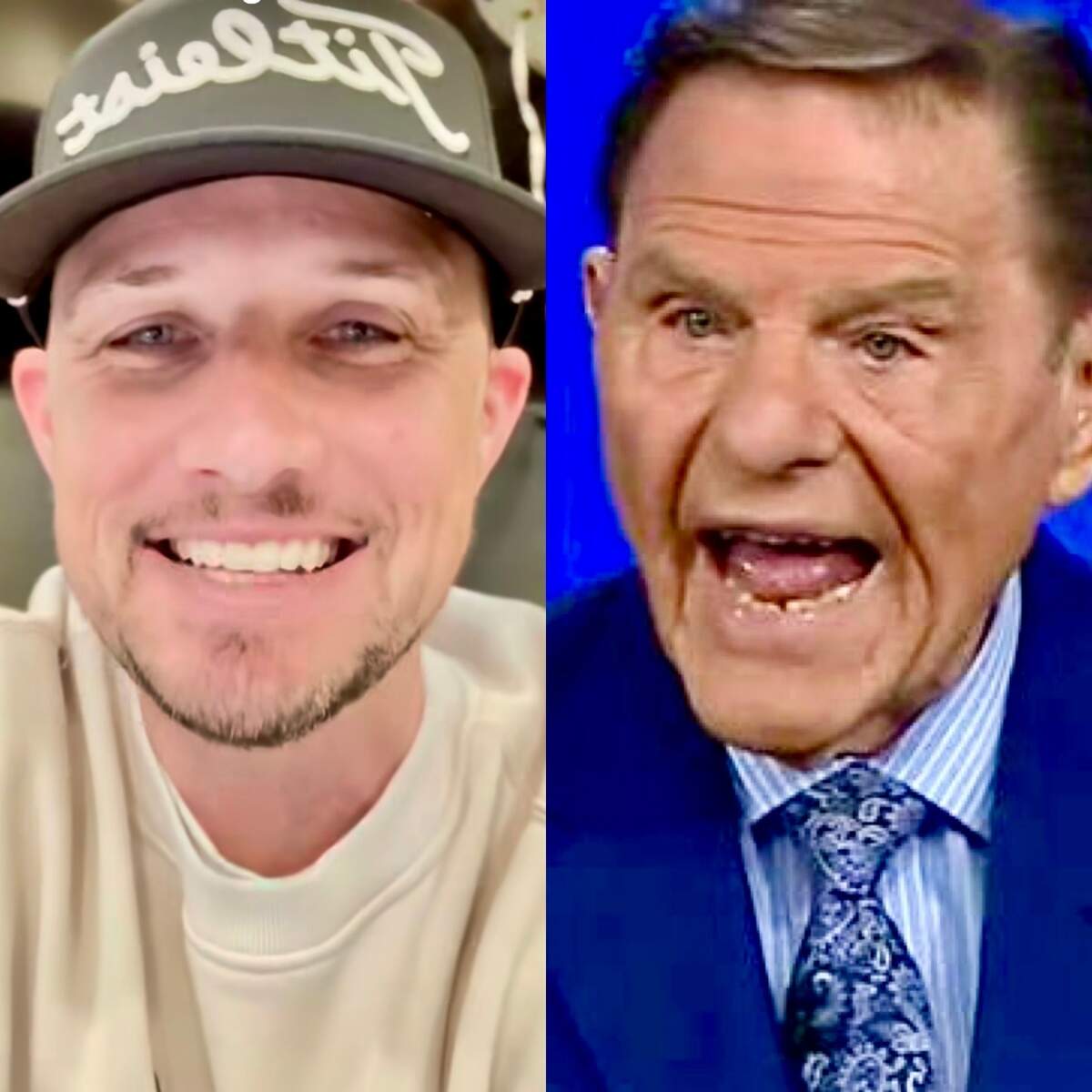 Mercy Culture lead pastor Landon Schott’s Instagram post March 5, 2025, left, and Fort Worth televangelist Kenneth Copeland in 2022.