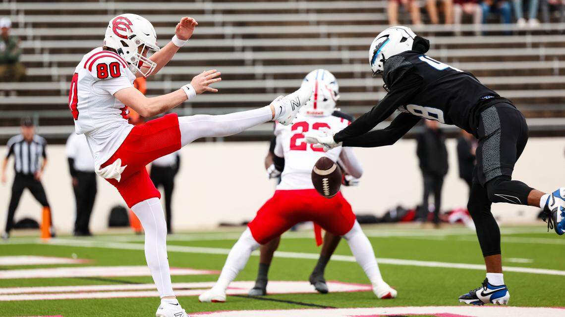 North Crowley cornerback Julius Washington blocks a punt from Coppell for a safety in a Class 6A Division I regional playoff Saturday, Nov. 29, 2025, at Midlothian ISD Stadium in Midlothian.