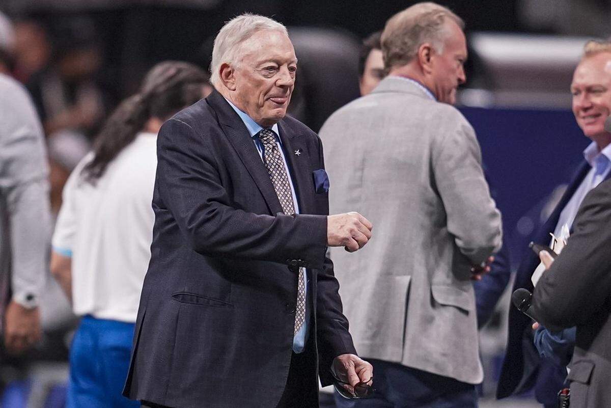 Dallas Cowboys team owner and general manager Jerry Jones shown on the field prior to the game against the Atlanta Falcons at Mercedes-Benz Stadium.
