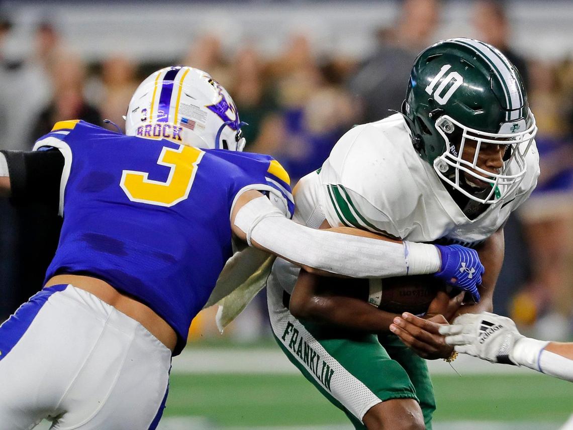 Brock defensive back Carson Finney (3) brings down Franklin running back Fragiel Owens (10) in the first half of a UIL Class 3A D2 state championship football game at AT&T Stadium in Arlington, Texas, Thursday , Dec. 15, 2022. Franklin led 7-0 at the half.(Star-Telegram Bob Booth)