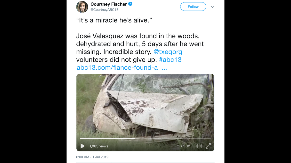 Jose Velazquez was found in his crashed car after going missing five days earlier, official say.