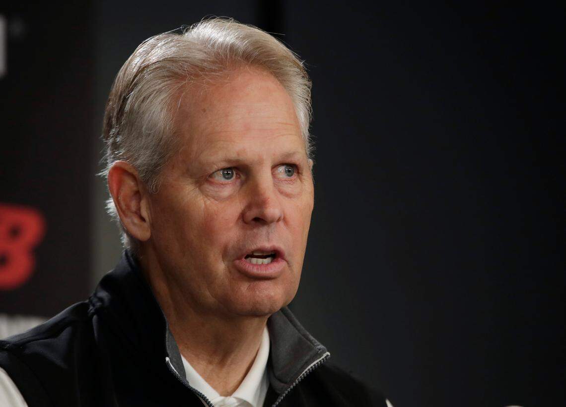 FILE - Boston Celtics basketball general manager Danny Ainge speaks during a news conference in Boston, in this Monday, June 24, 2019, file photo. The Boston Celtics are beginning their offseason with a shakeup of the front office and coaching staff, with team president Danny Ainge stepping down and coach Brad Stevens moving into the front office, a person with direct knowledge of the moves said Wednesday, June 2, 2021. (AP Photo/Elise Amendola, File)