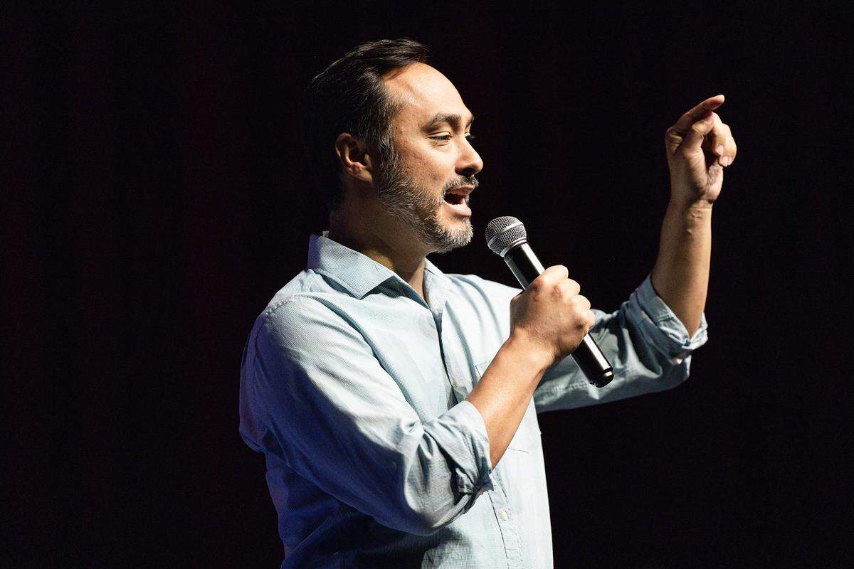 U.S. Rep. Joaquin Castro, D-Texas, speaks to the capacity crowd on the stage for ‘The People vs. The Power Grab’ rally at the Ridglea Theater in Fort Worth on Saturday, Aug. 9, 2025.