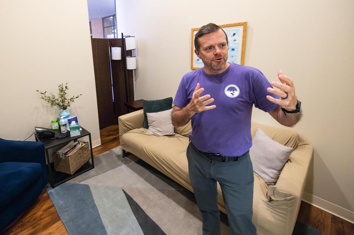 Ken Shetter, the president of One Safe Place, shows one of the patient counseling rooms in the facility in Fort Worth on Sept. 20, 2024. One Safe Place includes a domestic abuse treatment center where patients can seek guidance from a professional counselor and participate in many programs for specialized support.