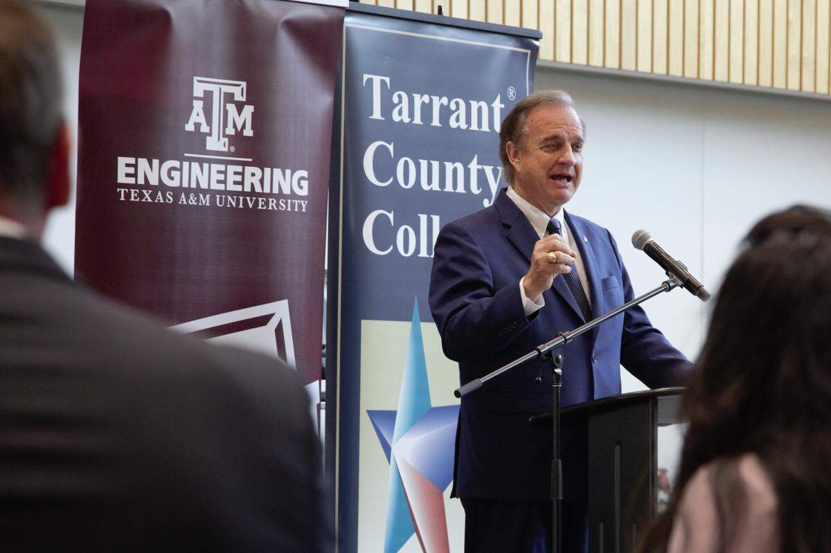 Texas A&M Chancellor John Sharp speaking at an event announcing a new engineering academy opening at the Tarrant County College South Campus on 5/13/2022