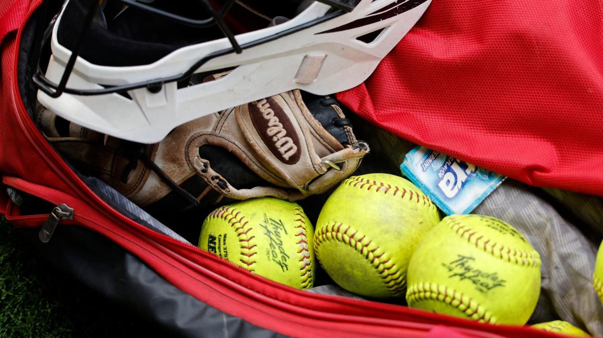 A catchers bag lies in the dugout during a UIL Class 6A bi-district softball playoff game at Saginaw High School in Saginaw, Texas, Thursday, April 25, 2024. Paschal defeated Keller 3-2.