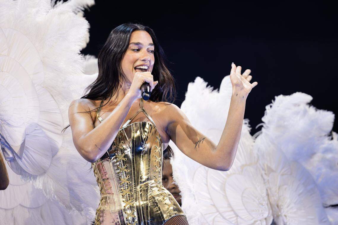 Dua Lipa performs on stage for her Radical Optimism Tour at American Airlines Center in Dallas on Tuesday, Sept. 30, 2025.