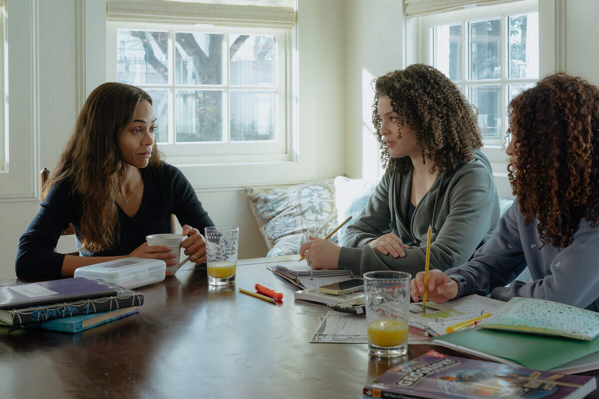 L-R: Zoe Saldaña as Joe, Hannah Love Lanier as Kate, Celestina Harris as Charlie, in “Lioness,” episode 6, season 3, streaming on Paramount+, 2026.
