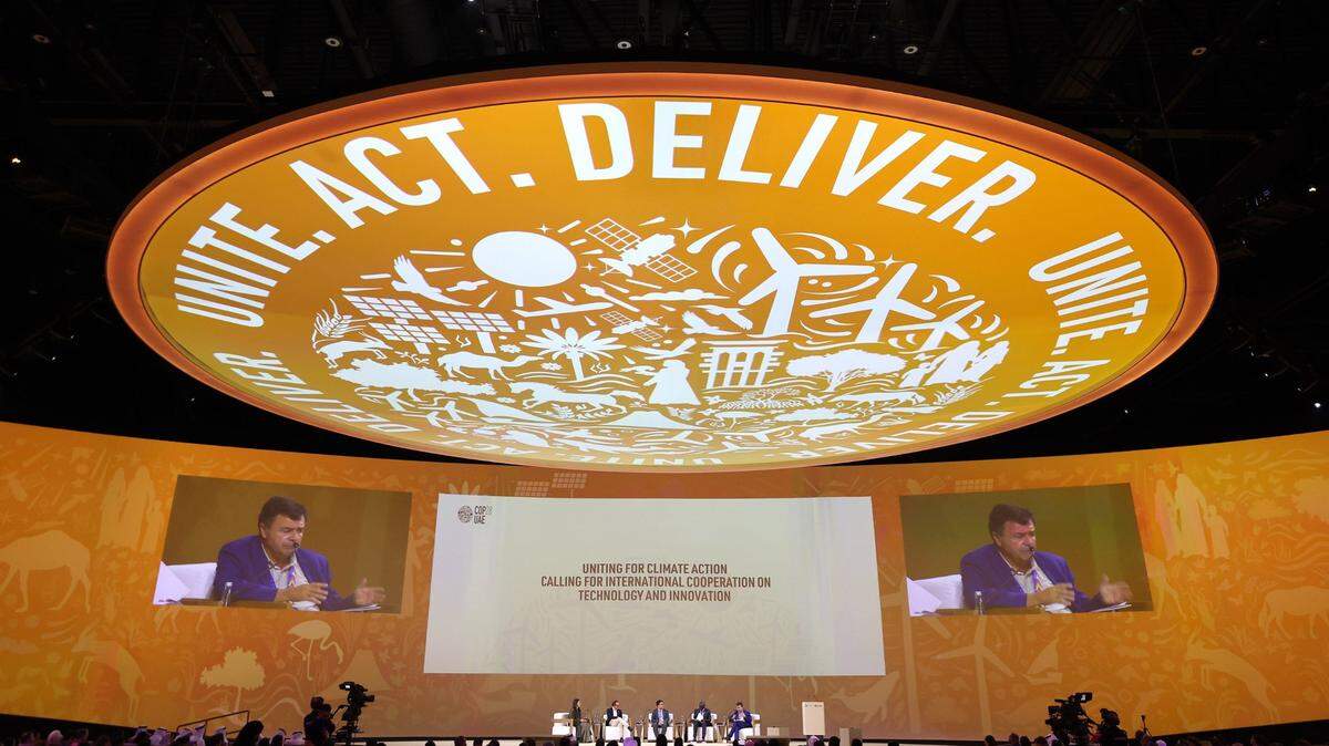 Left to right, Deena Al Mansoori, Thomas Guillot, Chief Executive of GCCA, Dr. Hao Xu, Vice President of Tencent and Head of Tencent’s Carbon Neutrality Lab, Collins Nzovu, Minister Green Economy and Environment Zambia and Esteban Valenzuela, Minister for Agriculture Chille participate in the panel discussion titled Forward-Looking Uniting Through New Partnership on day eight of the UNFCCC COP28 Climate Conference at Expo City Dubai on Dec. 8, 2023, in Dubai, United Arab Emirates. (Francois Nel/Getty Images/TNS)
