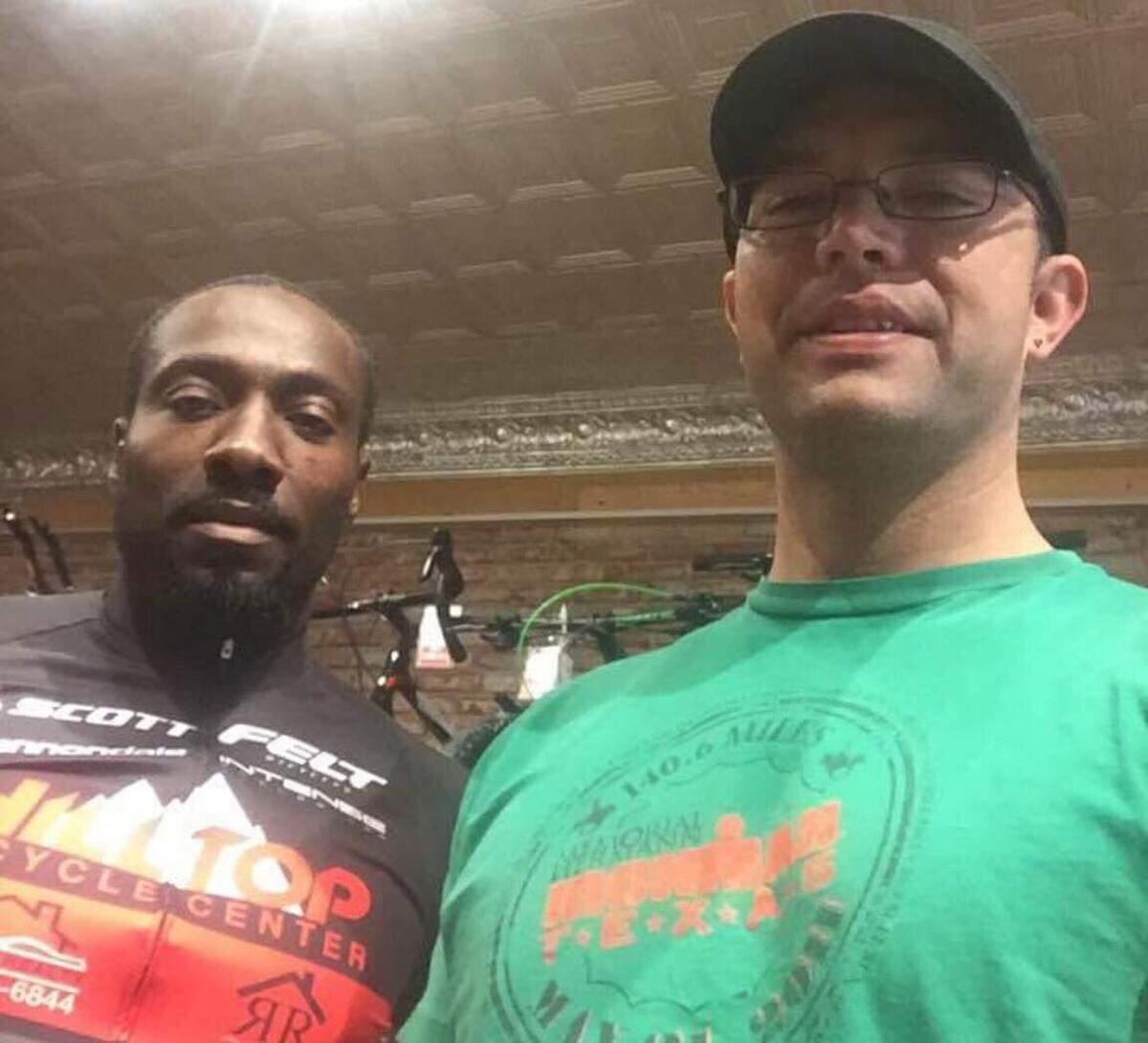 Calvin Middleton, 42, left, who was killed in a hit-and-run near Dallas on Sunday, July 15, poses with his friend Jeff De La Vega. Middleton was moving up the ranks in the local cycling scene in the Dallas-Fort Worth area over the past six months.