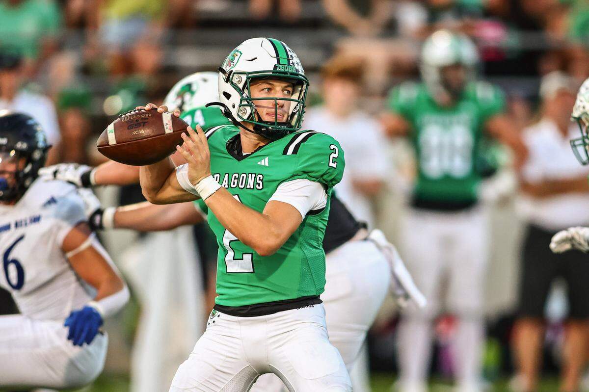 Southlake Carroll quarterback Angelo Renda throws a pass in a District 4-6A game on Friday, September 13, 2024 at Dragon Stadium in Southlake, Texas.