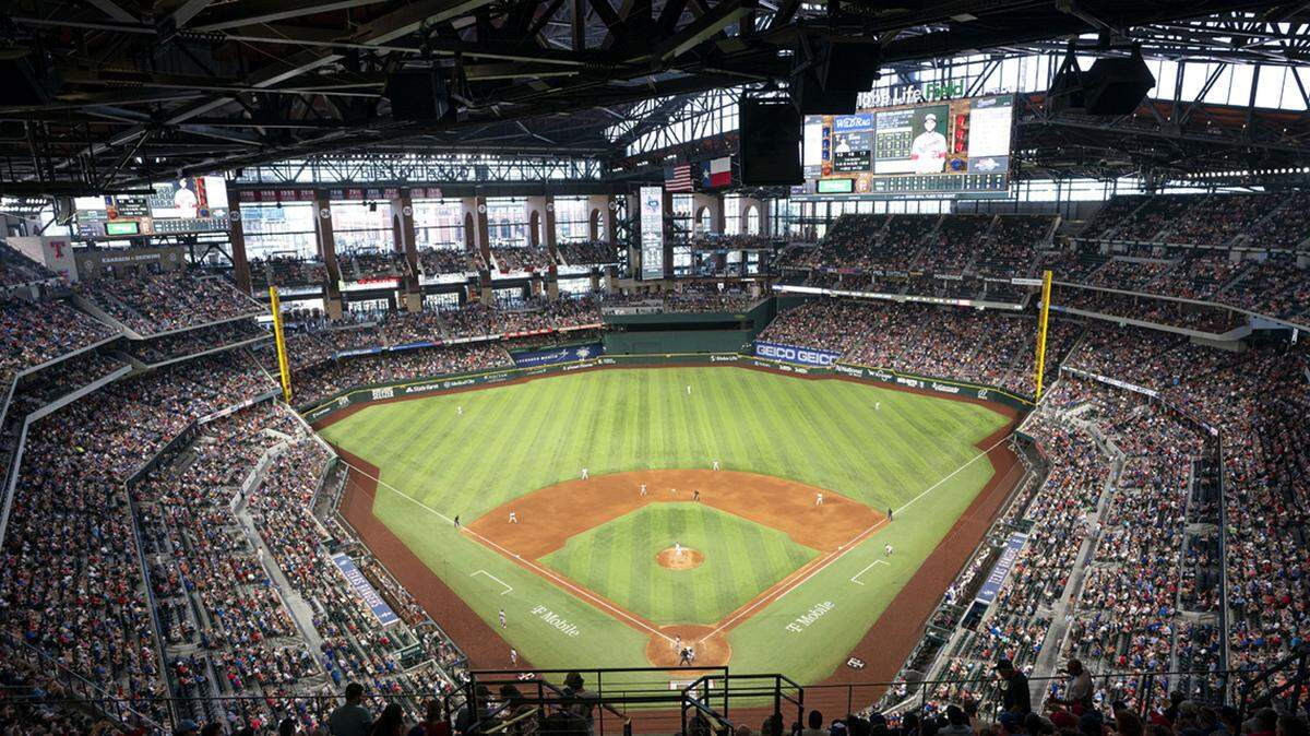 The Texas Rangers play against the Washington Nationals in this overall view of Globe Life Field during a baseball game Monday, June 27, 2022, in Arlington, Texas. Texas won 3-2.