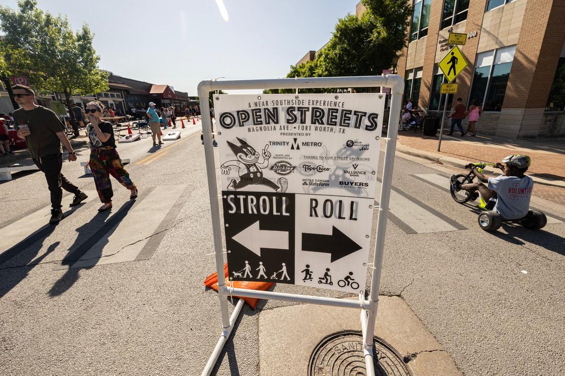 A sign dividing  the lanes between "Strollers" and "rollers" at Open Streets