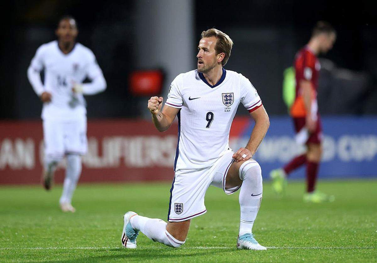RIGA, LATVIA - OCTOBER 14: Harry Kane of England celebrates scoring his team's second goal during the FIFA World Cup 2026 qualifier match between Latvia and England at Daugava Stadium on October 14, 2025 in Riga, Latvia. (Photo by Carl Recine/Getty Images)