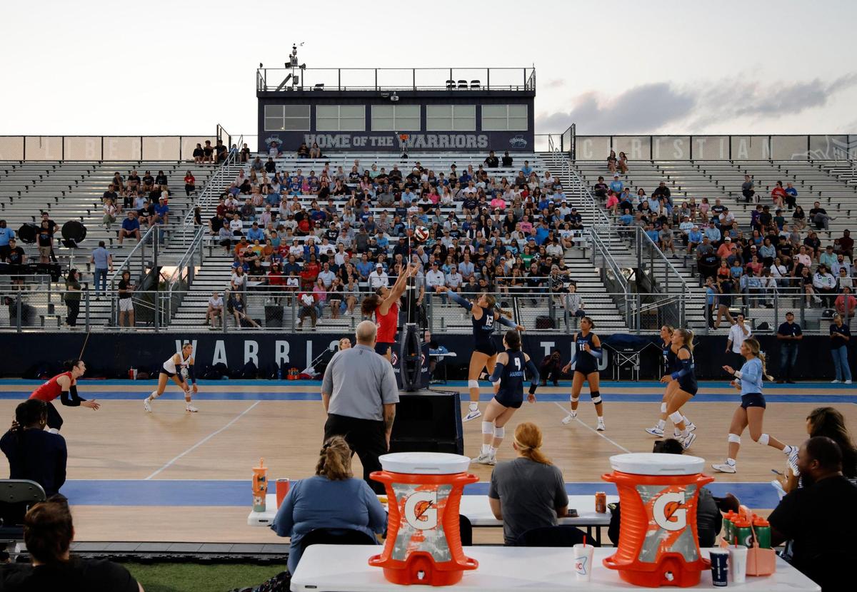 Grapevine and Liberty Christian played the Showdown at Sundown outdoor exhibition volleyball game on the field of Warrior Stadium at Liberty Christian High School in Argyle, Texas, Tuesday, Oct. 29, 2024.