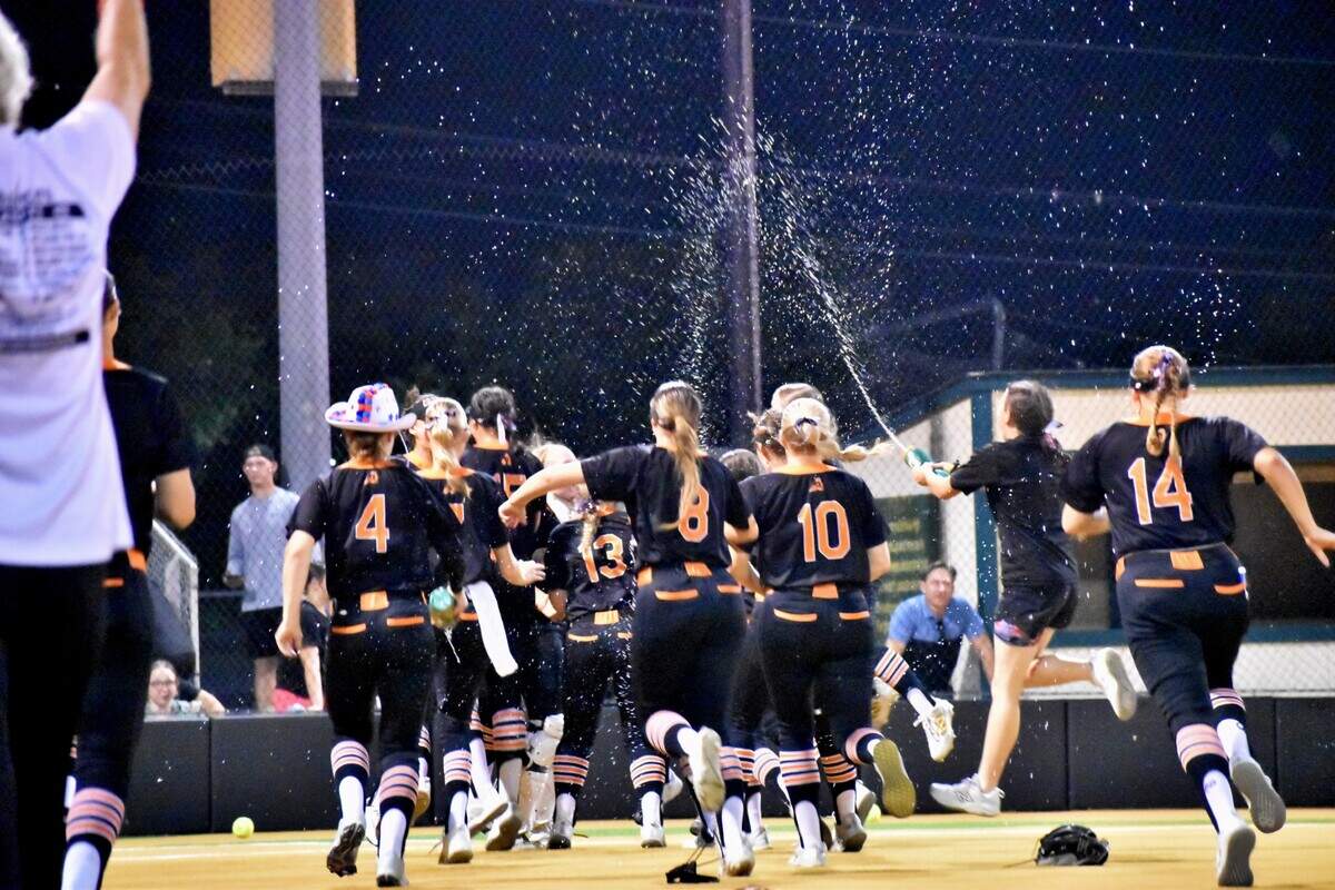 The Aledo team celebrates moments after the final out in a 7-4 win in a regional final against Birdville at Birdville High School on Friday, May 16, 2025.