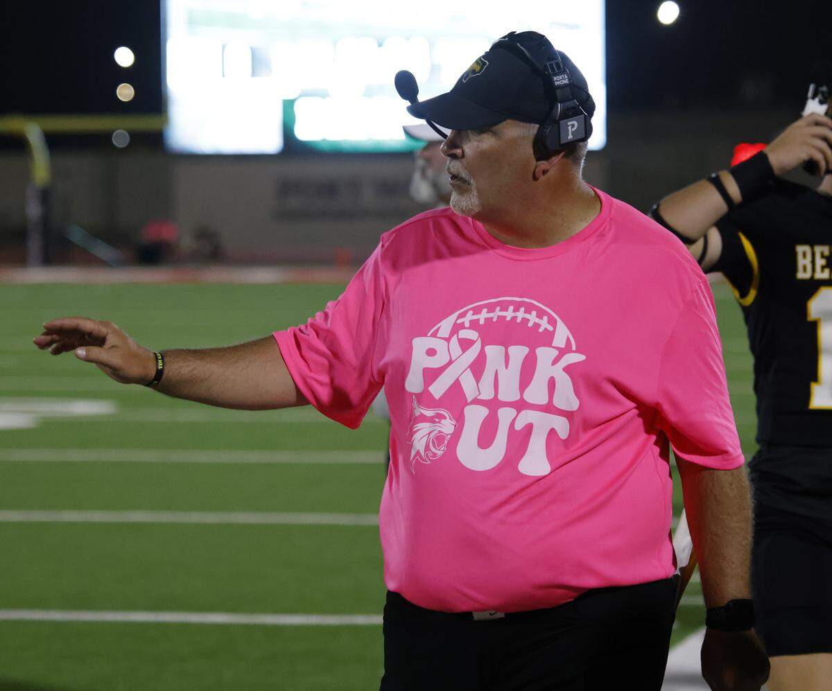 Benbrook head coach Cody Slater walks the sidelines during the first half of a UIL football game between Benbrook and Dunbar at Herman E. Clark Stadium in Fort Worth, Texas, Friday, October 10, 2025.