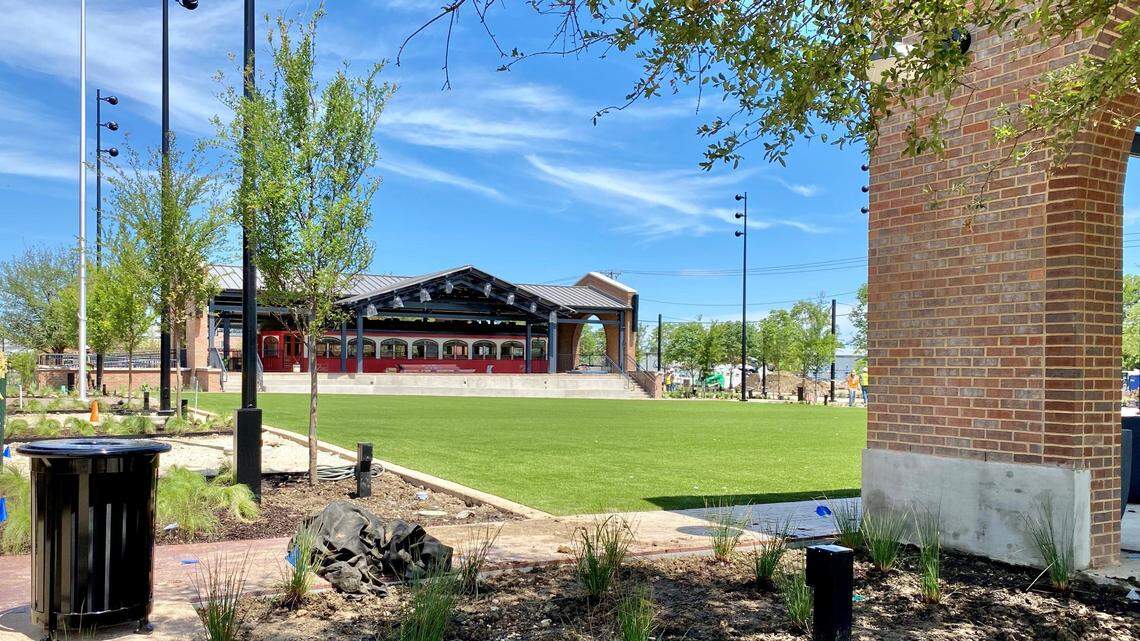 Burleson’s Old Town plaza honoring Vera Calvin, the city’s first female mayor, includes a lighted performance stage. Officials expect to hold its grand opening this fall.