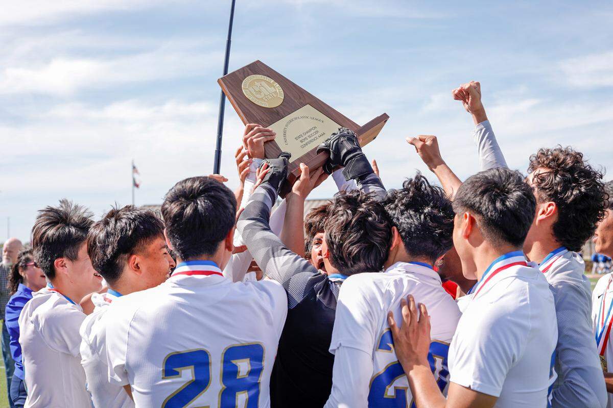 San Elizario boys soccer celebrates a Class 4A title win over Boerne at Birkelbach Field in Georgetown, Texas on April 12, 2024.