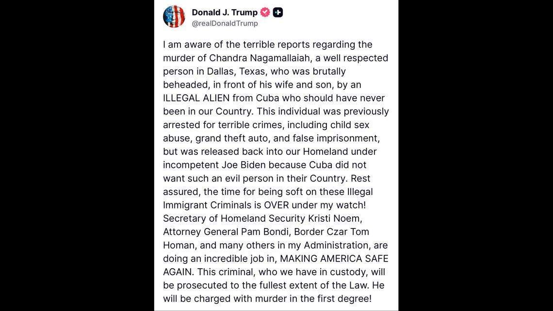 President Donald Trump posted Sunday night on Truth Social about the case of a Cuban immigrant accused of beheading his manager at a Dallas motel with a machete.