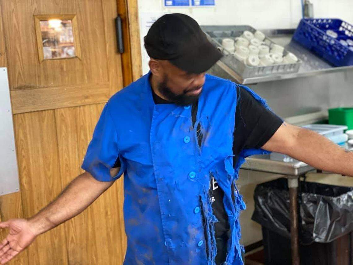 Head Kitchen Manager Bernie Banks came to the woman’s rescue using his shirt to help.