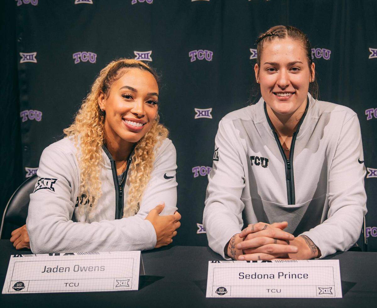 TCU women’s basketball players Jaden Owens (left) and Sedona Prince (right) at Big 12 Media Days in Kansas City, Missouri on Oct. 17, 2023
