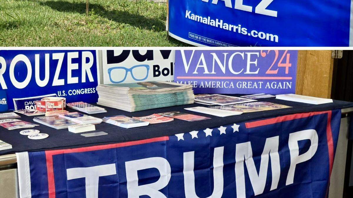 Campaign signs are shown at the Cumberland County Democratic Party Headquarters, above, on Raeford Road in Fayetteville, NC, and the Republican Candidates Resource Center on Owen Drive in Fayetteville, NC. Both sites have planned debate parties for the televised presidential debate between Vice President Kamala Harris and former President Donald Trump on Tuesday, Sept. 10, 2024.