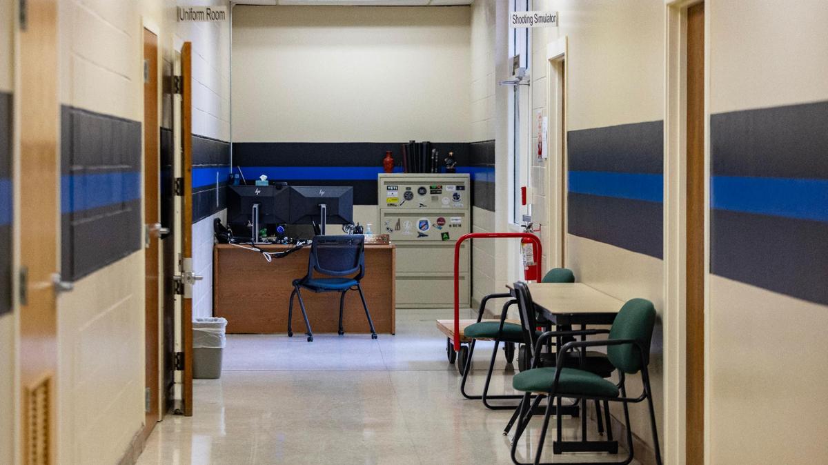 An office sits at the end of a hallway in the Tarrant County Sheriff's Academy