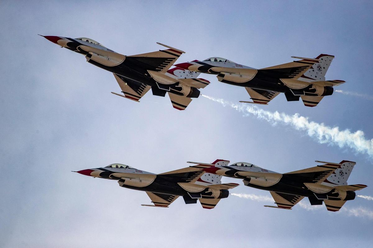 A squadron of U.S. Air Force Thunderbirds blast across the airspace above the Fort Worth Alliance airport during the AllianceTexas Aviation Expo presented by Bell in Fort Worth on Saturday, Oct. 22, 2022.