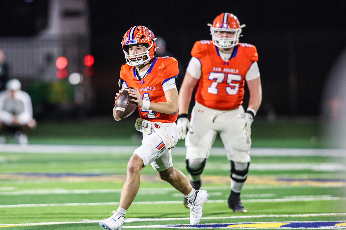San Angelo Central quarterback Micah Smith looks to pass against Southlake Carroll in a 6A Division II area playoff game at Art Briles Stadium in Stephenville, Friday, Nov. 21, 2025.