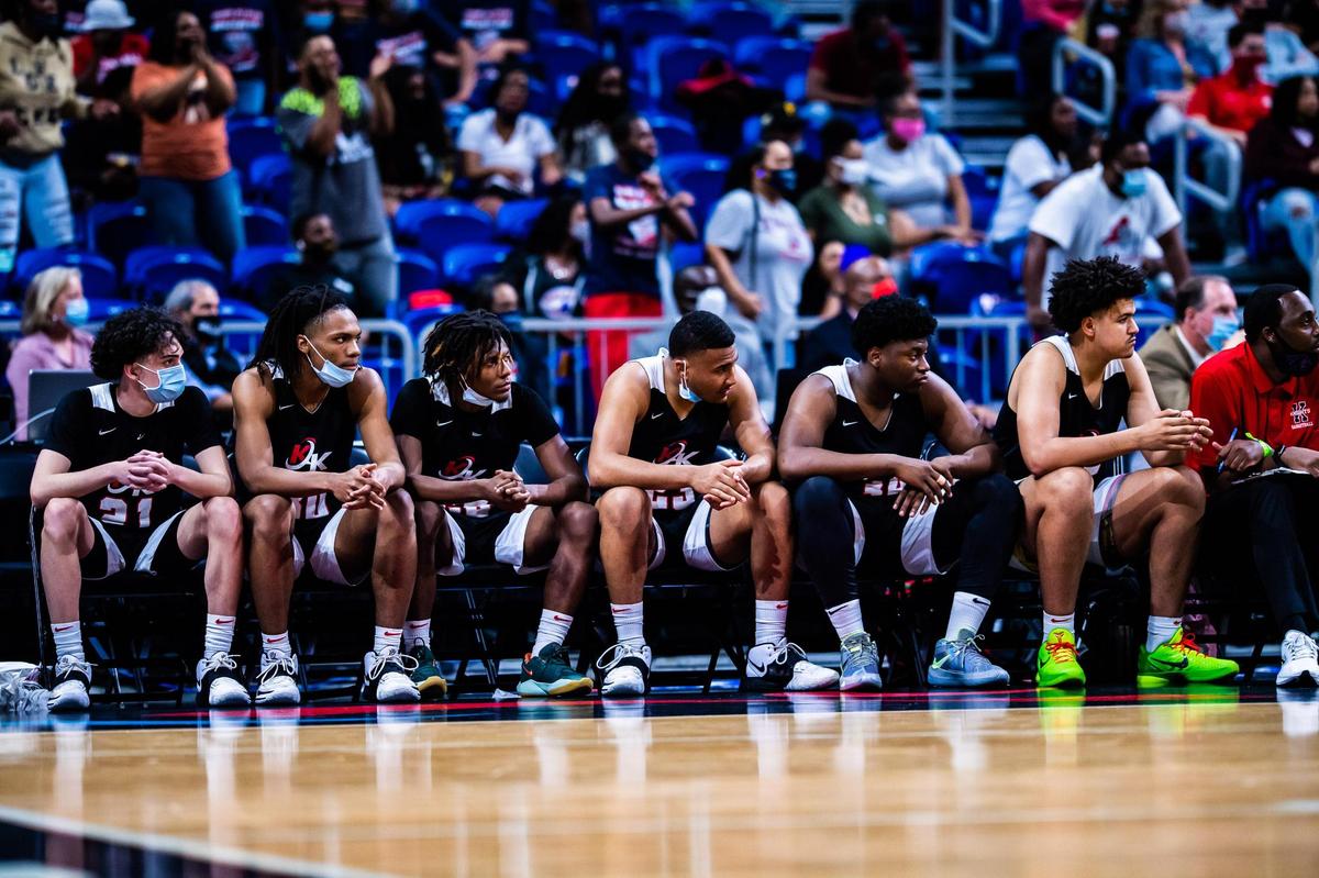 The Knights bench watches the 5A state final between Beaumont United and Dallas Kimball play out at the Alamodome in San Antonio Texas, on March 12, 2021. Beaumont United went on to win 71-70 in overtime. (Photo by Matt Smith. Special to the Star-Telegram).