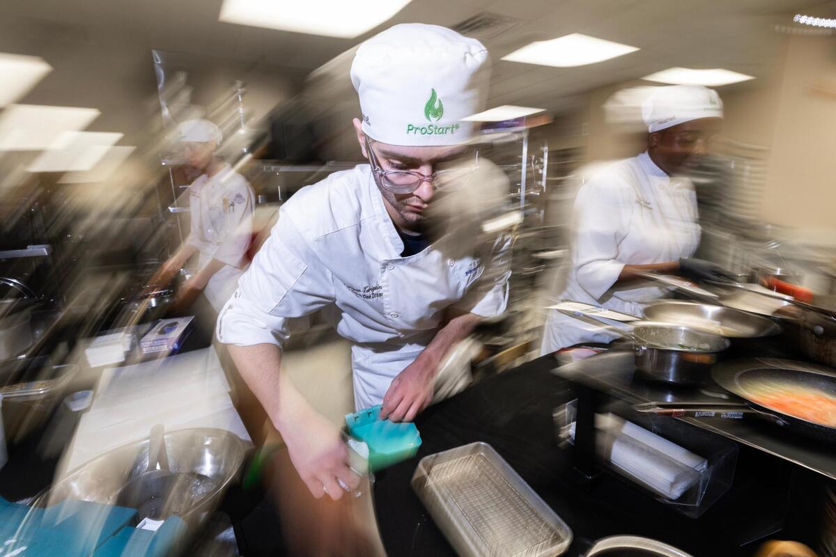 Culinary Arts student Enrique Enriquiez participates in a practice session at Ben Barber Innovation Academy in Mansfield on Friday, April 18, 2025.