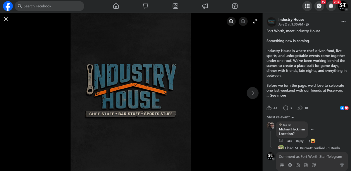 A July 2 Facebook post announcing the new Industry House at the old Reservoir location at 1001 Foch St.