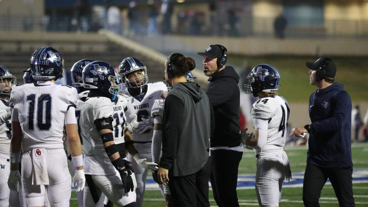 Liberty Christian head coach Jason Witten talks to players at Waco ISD Stadium in Waco, Texas, on Saturday, Dec. 7, 2024.