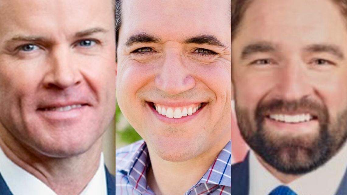 House Speaker Dade Phelan of Beaumont, left; state Republican chairman Matt Rinaldi and state Rep. Jeff Leach of Plano.