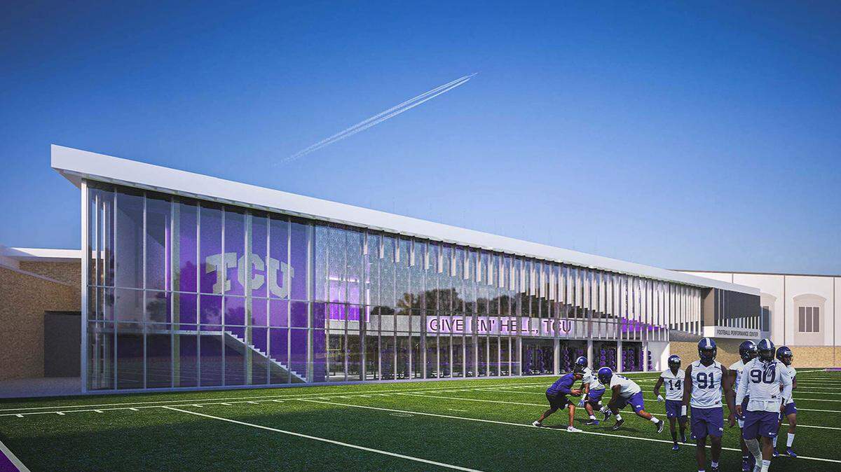 Rendering of TCU’s planned Football Performance Center, which will connect the Sam Baugh Indoor Practice Facility and the Morris Practice Fields.